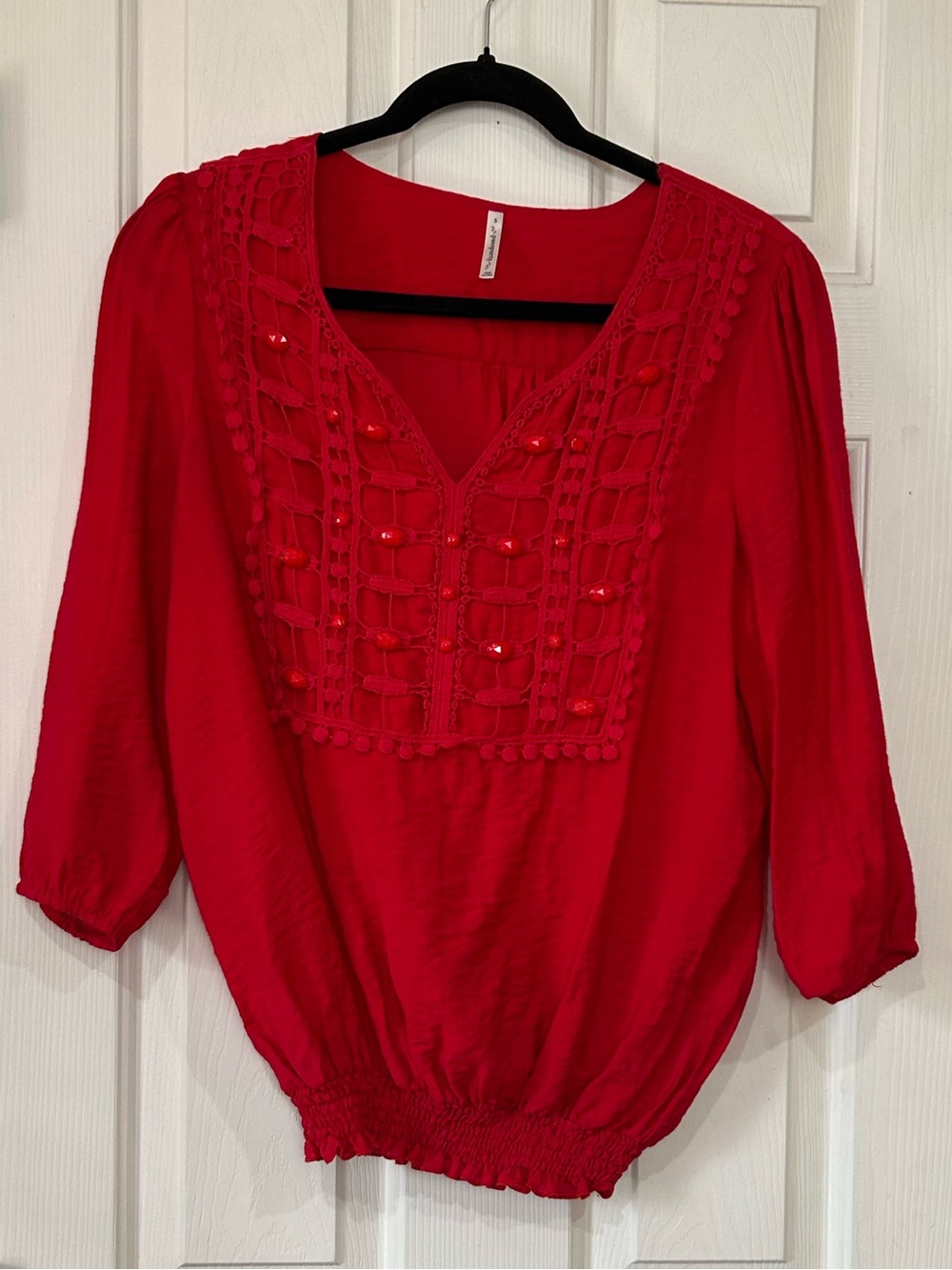 Passport Red Beaded Crochet Paneled V-Neck Blouse Top Sz Small Boho Chic